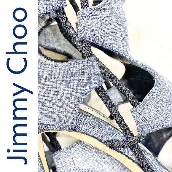 JIMMY CHOO BLUE DENIM LUCKY PEEP TOE HEELS CUT OUT DETAIL, EU 37 - Picture 9 of 12